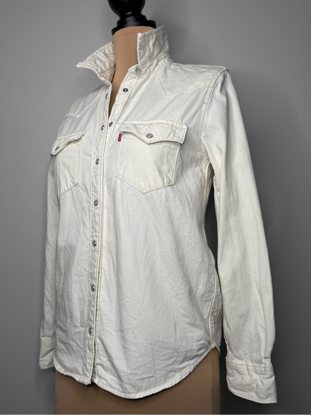 Levi's Denim Western Snap Shirt Cream Beige Natural Pockets XS